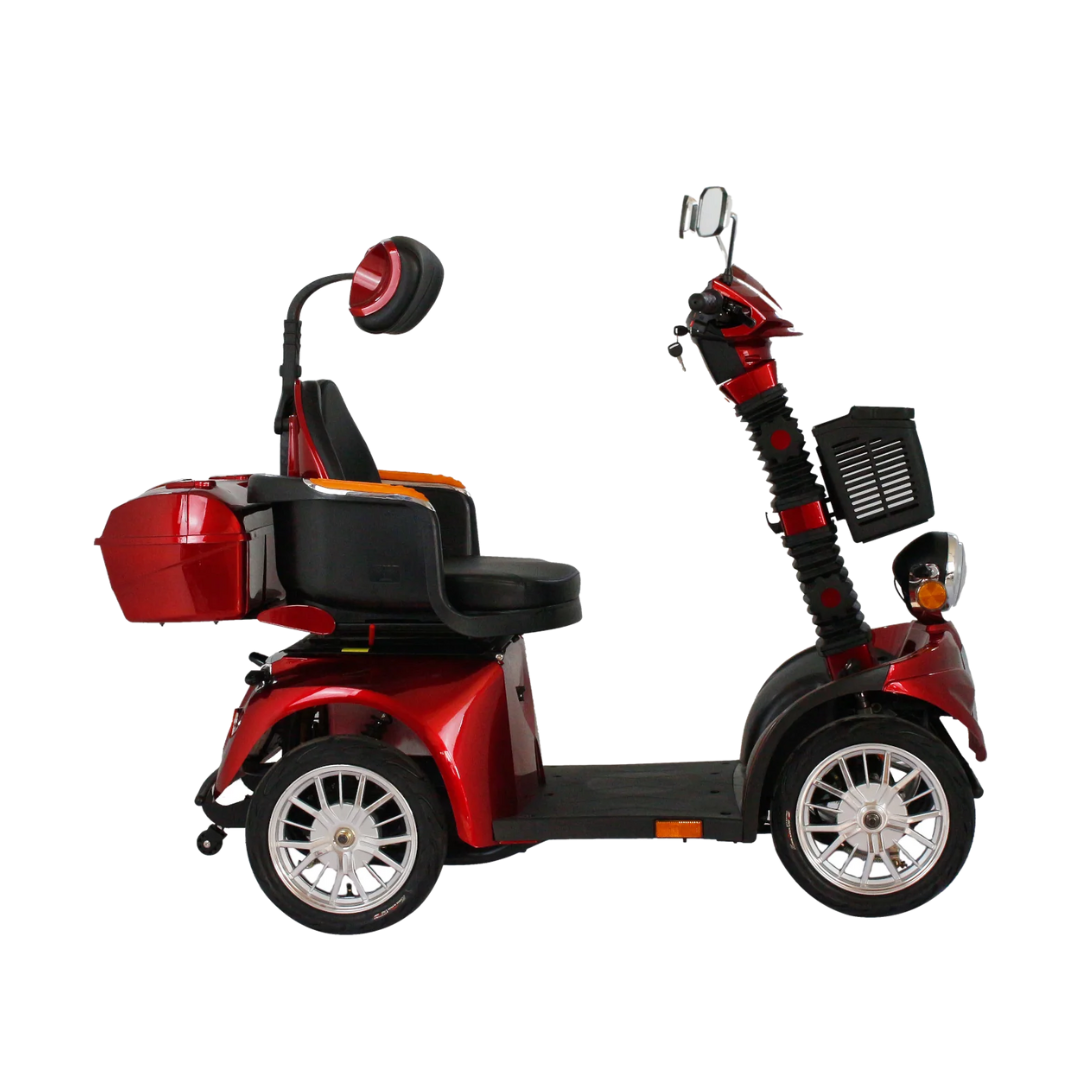 The GIO Tron Pro, a red 4-wheel mobility scooter with a high back adjustable seat, headrest, rear storage compartment, side mirrors, and front basket, is shown in profile against a white background.