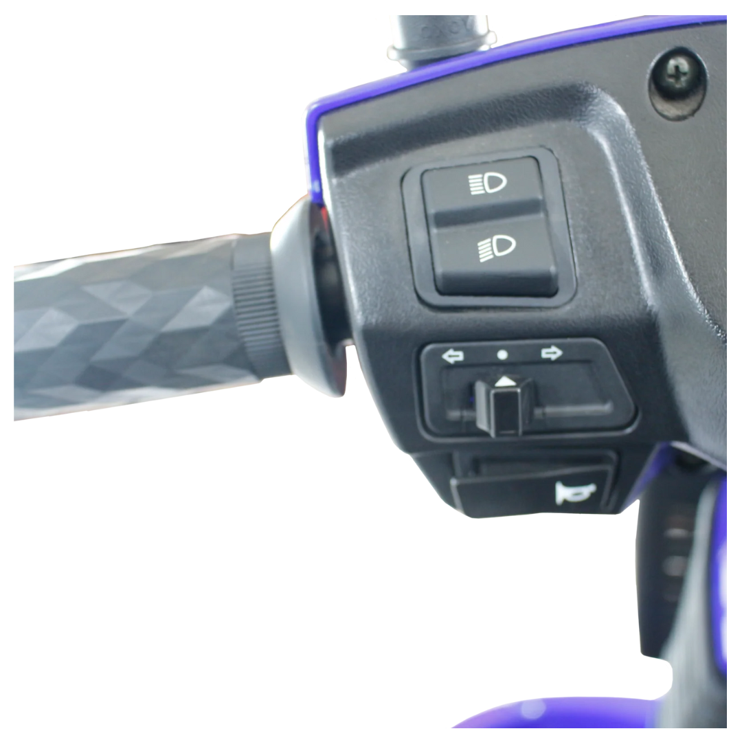 Close-up of the GIO Tron Pro mobility scooter handlebar featuring control switches for headlights, turn signals, and horn. The textured grip and clear icons on the black panel emphasize its practical design and stable 4-wheel build.