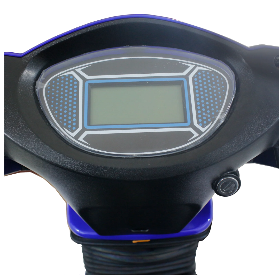 Close-up of the GIO Tron Pro mobility scooter dashboard, showing its digital display panel with a blank rectangular screen and a decorative black and white border.
