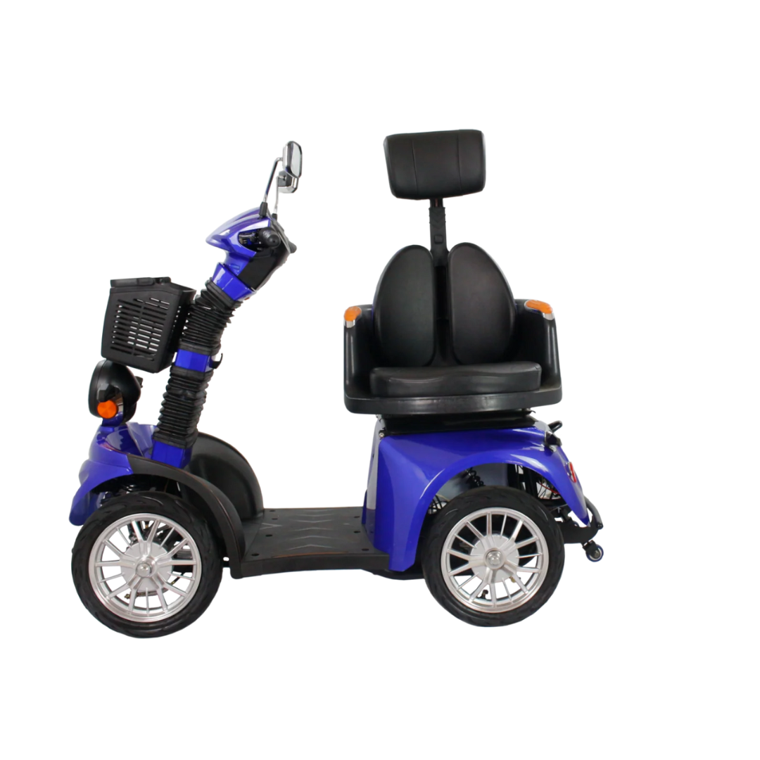 The GIO Tron Pro is a blue 4-wheel mobility scooter with a black seat, armrests, backrest, and handlebar, displayed on a white background.