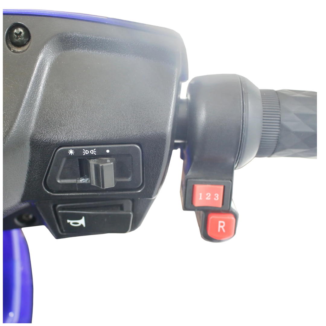 Close-up of the GIO Tron Pro mobility scooter handlebar control panel with headlight switch, horn button, and gear selector (buttons 1, 2, 3, R for reverse). A textured grip enhances comfort, complementing smart seat technology and 4-wheel stability.