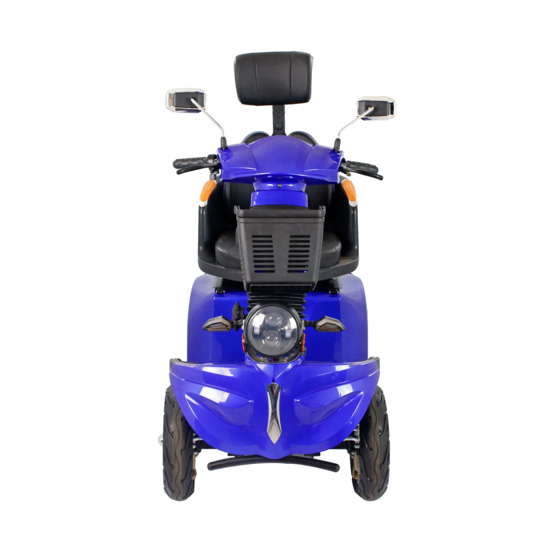 Front view of the GIO Tron Pro blue mobility scooter with three wheels, black seat featuring smart seat technology and headrest, handlebars, mirrors, and a central headlight, displayed on a white background.