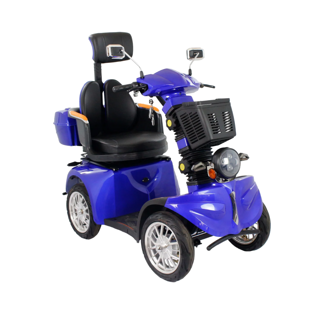 The GIO Tron Pro, a blue 4-wheel mobility scooter, features a padded seat with armrests and headrest, rearview mirrors, front light, and rear storage compartment. Shown on a white background.
