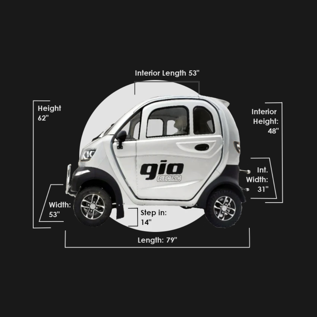 Side view of the GIO Golf Fully Enclosed Mobility Scooter with Heater and Cooling Fan in white, showing labeled dimensions: 79 length, 53 width, 62 height, 53 interior length, 48 interior height, 31 interior width, and 14 step-in height.