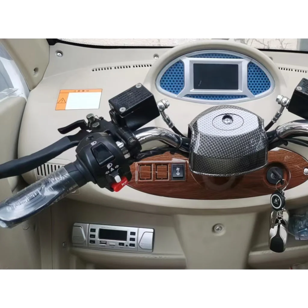 Close-up of the GIO Golf Fully Enclosed Mobility Scooter dashboard showing handlebars, digital display, control switches, ignition keys, wood-style panel with stereo system, and multiple buttons.