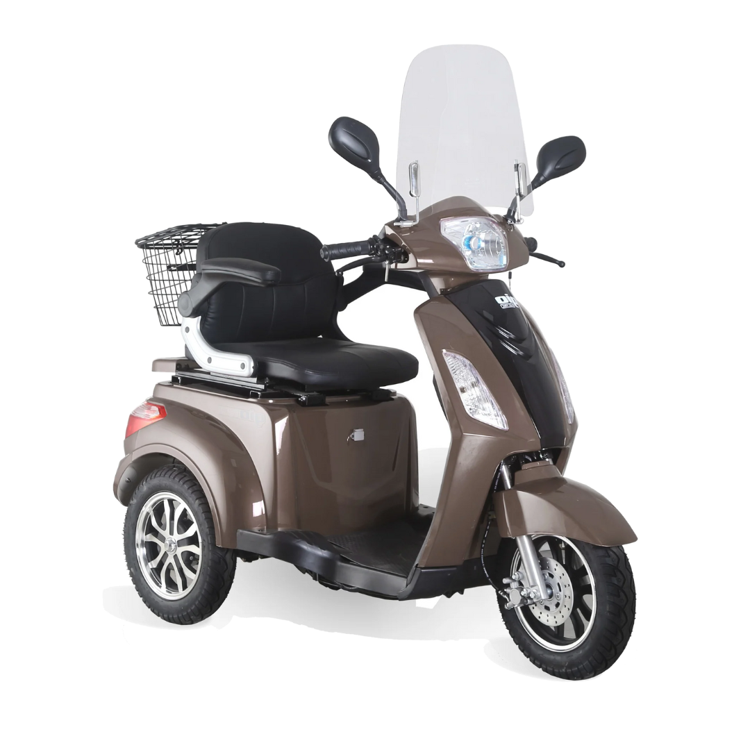 The GIO Regal HD Mobility Scooter, a brown three-wheeled electric scooter with a 500W motor, windshield, black seat, rearview mirrors, and a rear metal basket is shown on a white background.