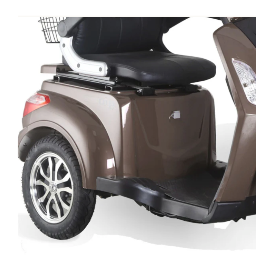 A close-up of the GIO Regal HD Bariatric Mobility Scooter showcases its brown rear and side, black seat with backrest, rear wheel, and part of the footrest platform powered by a robust 500W motor.