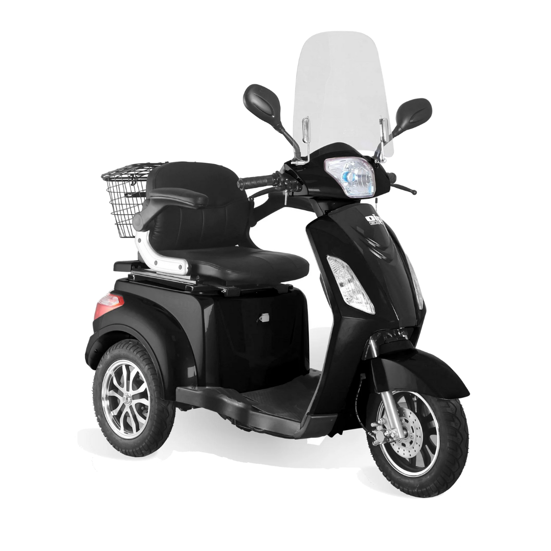 The GIO Regal HD Mobility Scooter is a black, three-wheeled electric scooter with a 500W motor, windshield, large seat, rear basket, and mirrors, displayed on a white background.