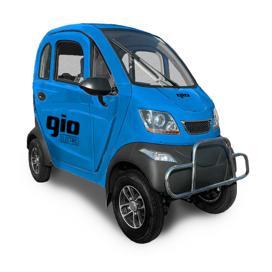 The GIO Golf Fully Enclosed Mobility Scooter with Heater and Cooling Fan is a small blue electric vehicle with the gio logo, reminiscent of a luxurious enclosed scooter. It features four wheels, two doors, and a protective front bumper, isolated on a white background.