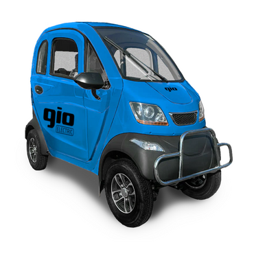 The GIO Golf Fully Enclosed Mobility Scooter with Heater and Cooling Fan is a small blue electric vehicle with the gio logo, reminiscent of a luxurious enclosed scooter. It features four wheels, two doors, and a protective front bumper, isolated on a white background.