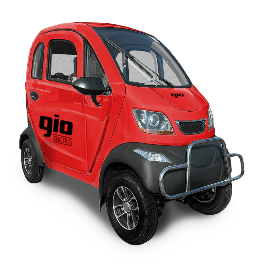 The bright red GIO Golf Fully Enclosed Mobility Scooter features black accents and gio ELECTRIC on the side. This sleek electric vehicle, with its front bumper bar and two doors, stands stylishly against a white background, embodying the allure of modern mobility elegance.