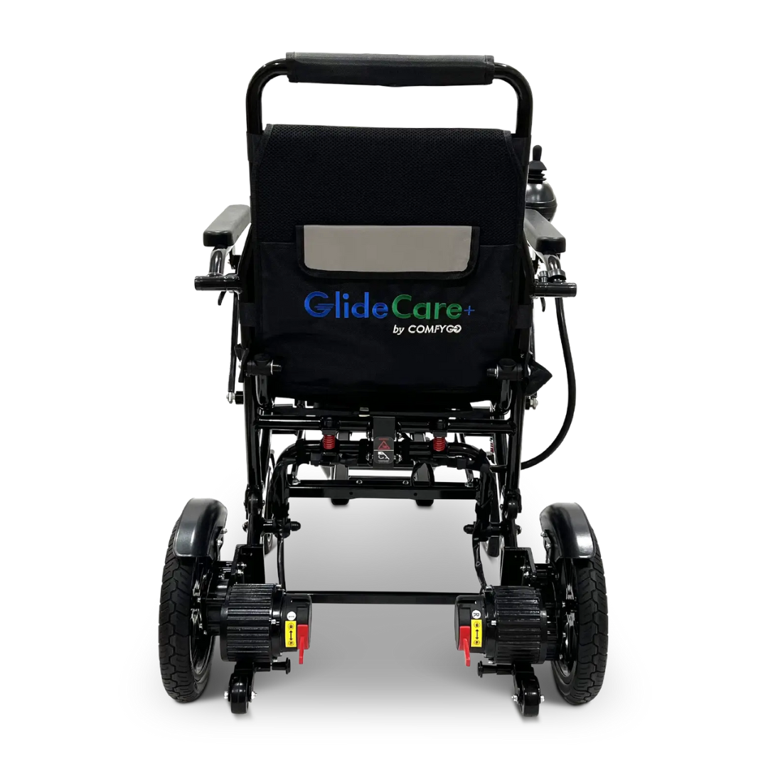 Rear view of a black Glide Care G-5 PRO Lightweight Foldable Electric Wheelchair, featuring large rear wheels, dual motors near the ground, and a joystick controller on the right armrest.