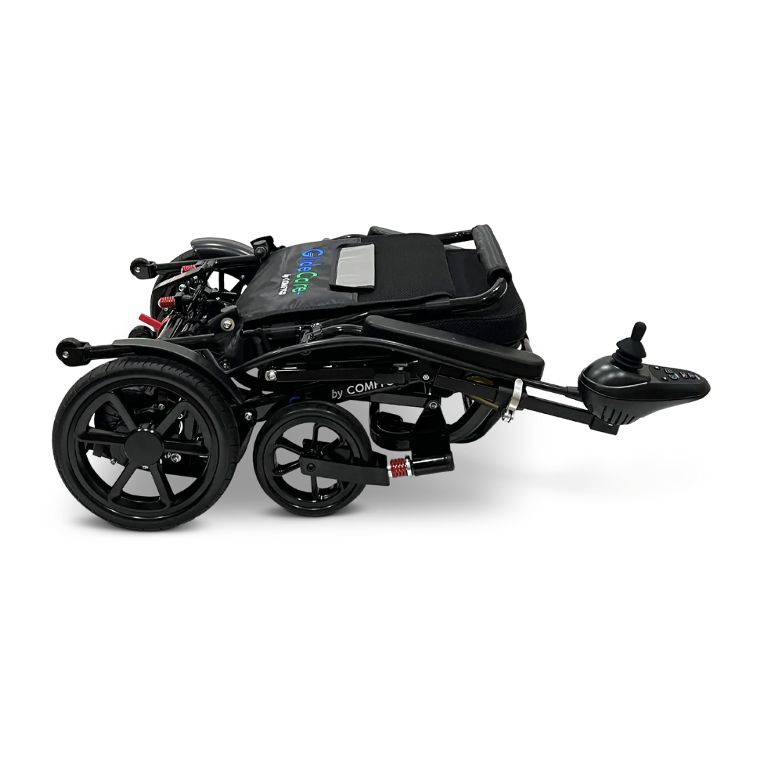 The Glide Care G-5 PRO Lightweight Foldable Electric Wheelchair is shown folded flat, featuring large rear wheels, small front wheels, and a side joystick controller for easy portability and convenient storage.