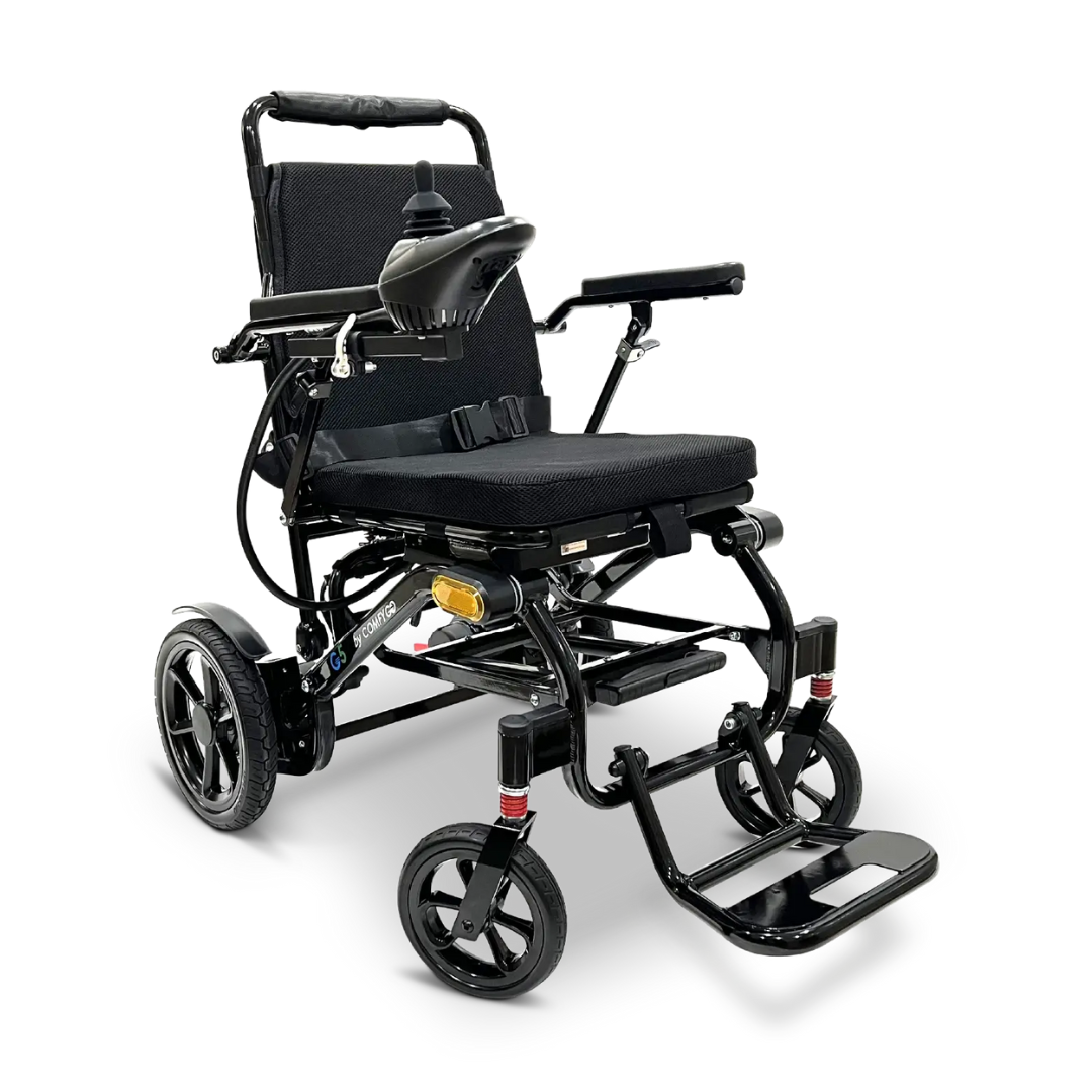 The Glide Care G-5 PRO Lightweight Foldable Electric Wheelchair features a modern black design, dual motors, padded seat and backrest, joystick control, sturdy wheels, and adjustable footrests for superior comfort and mobility.