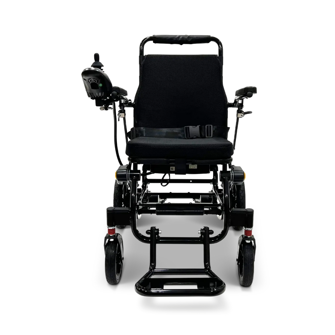 A front view of the Glide Care G-5 PRO Lightweight Foldable Electric Wheelchair, black with dual motors, left arm joystick control, padded seat, safety belt, large rear wheels, and small front casters on a white background.
