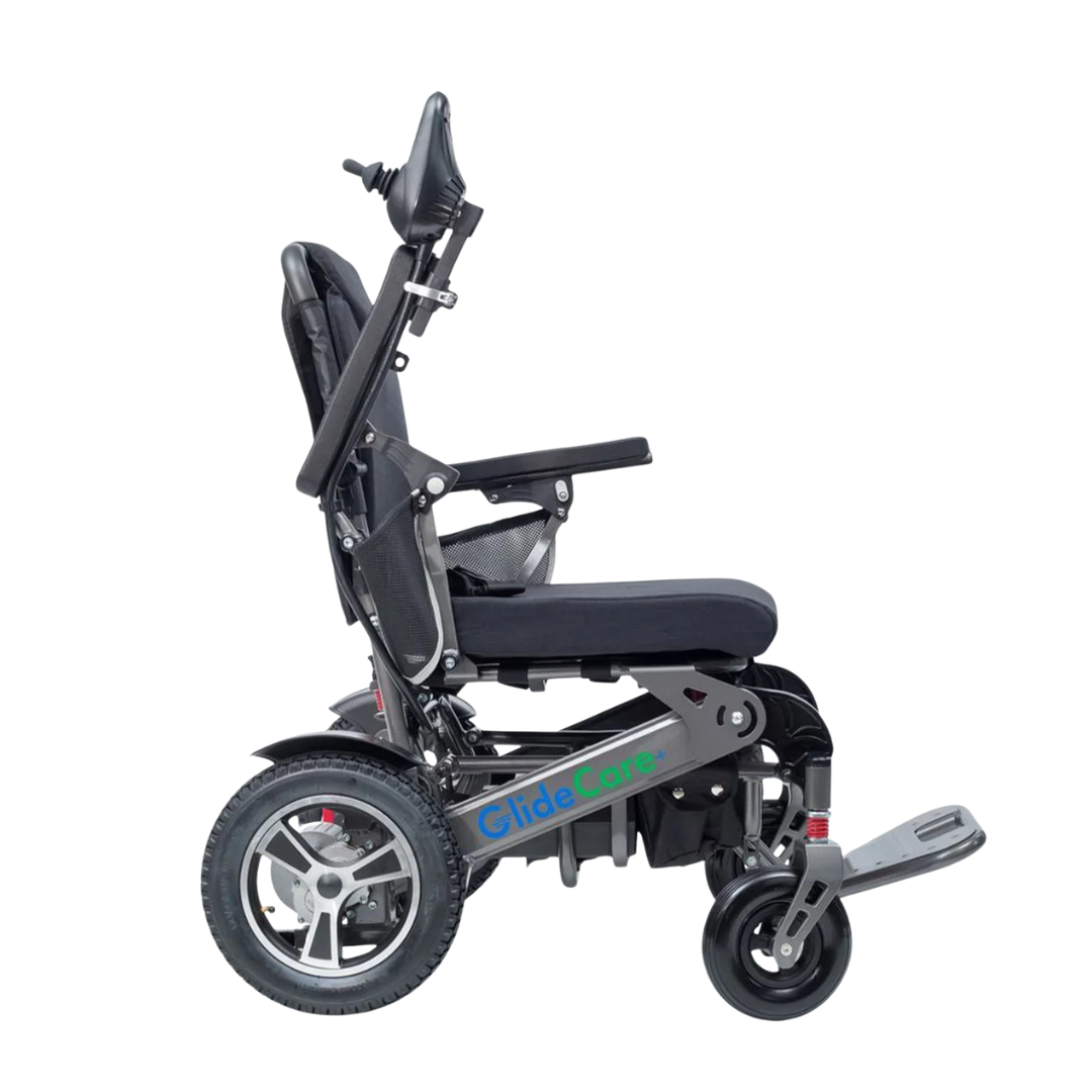 A side view of the Glide Care G-6 Lightweight Foldable Electric Wheelchair with a black seat, adjustable armrests, footrest, large rear wheels, and "GlideCore" printed on the frame.