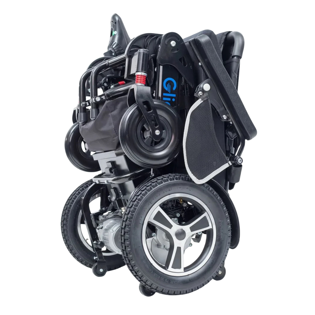 The Glide Care G-6 Lightweight Foldable Electric Wheelchair features large rear wheels, smaller front wheels, and a sturdy black frame—designed for easy portability, convenient storage, and effortless mobility.