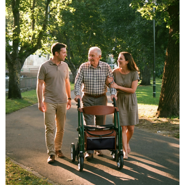 An older man uses a green uplivin Gavo 2-in-1 Hybrid Rollator & Wheelchair while walking on a path in a park, accompanied by a man and woman walking on either side of him.