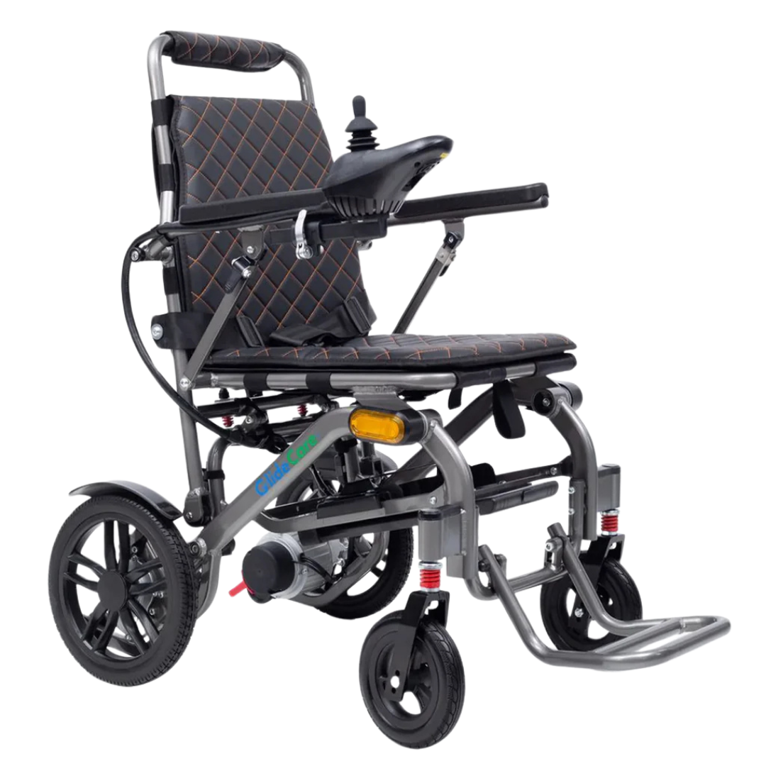The Glide Care G-5 Lightweight Foldable Electric Wheelchair features a compact folding design, black cushioned seat, joystick control, footrest, and sturdy wheels—perfect for easy mobility and travel comfort.