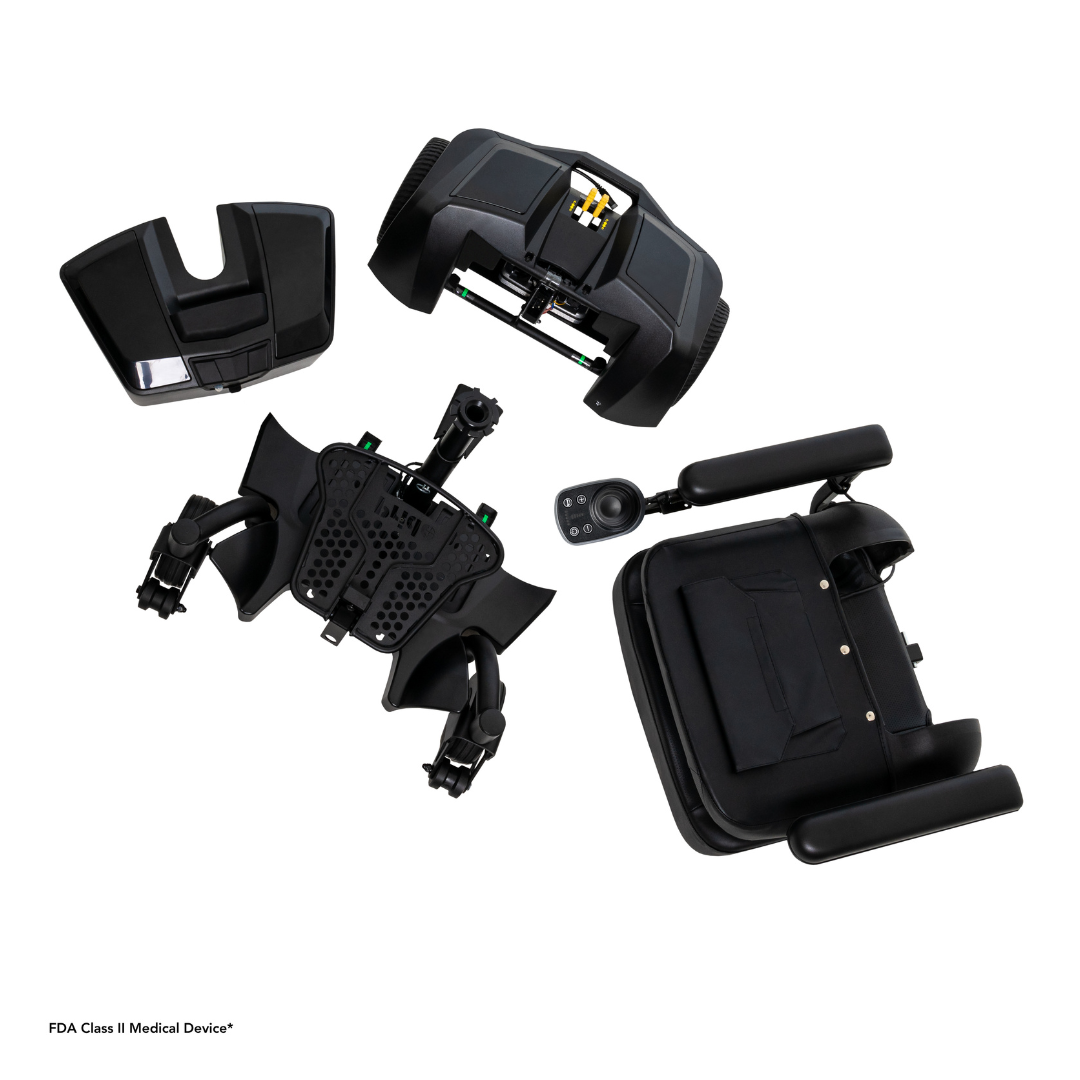 Four separate black components of the Pride Mobility Go Chair® MED Portable Powerchair—the seat, backrest with armrests, footrest, and wheelbase—are arranged on a white background.