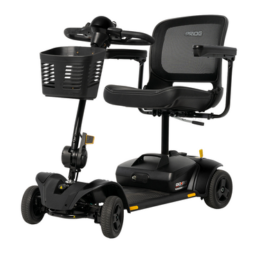 The Pride Mobility Go Go Elite Traveller® 2 Platinum Scooter is a black, three-wheeled scooter with EZ Turn technology, mesh backrest, armrests, front basket, and compact design—ideal for both indoor and outdoor use.