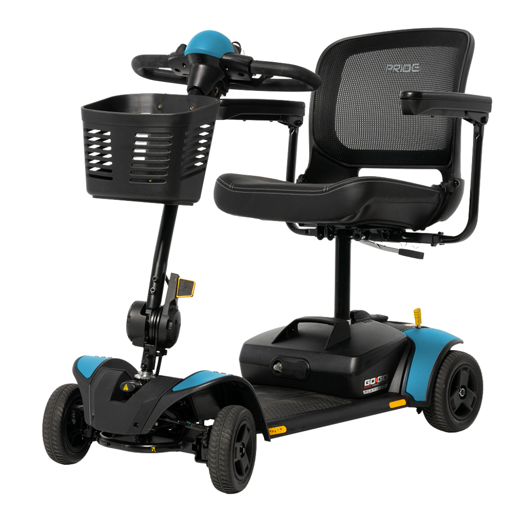 The Pride Mobility Go Go Elite Traveller® 2 Platinum Scooter is a compact, black scooter with blue accents, mesh backrest, armrests, footrest platform, handlebars, front basket, four small wheels, and a lightweight design for easy portability.