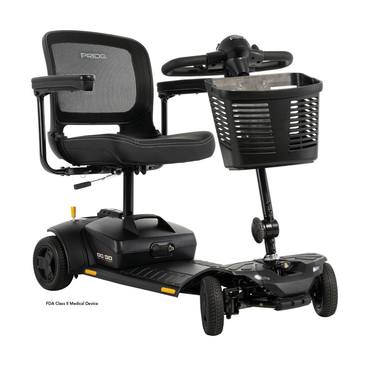 A black Pride Go Go® Elite Traveller Gen 3 Scooter featuring a mesh seat, a front-mounted basket, and a tiller-style handlebar.