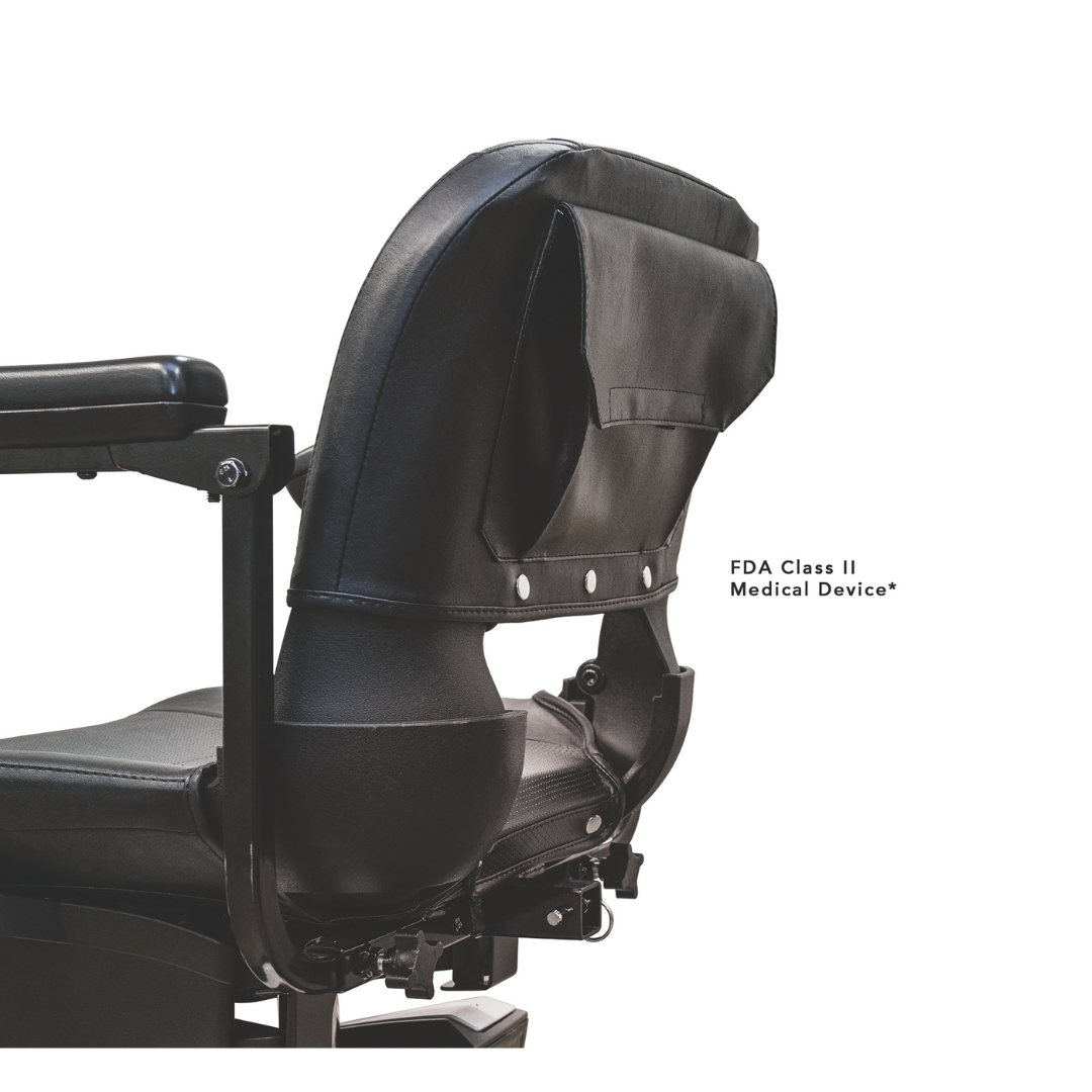 Text next to a Pride Mobility Go Go® Elite Traveller 3-Wheel Mobility Scooter reads FDA Class II Medical Device*. It highlights design details like bolts and stitching, with a modular construction for easy transport. The scooter is set against a white background.