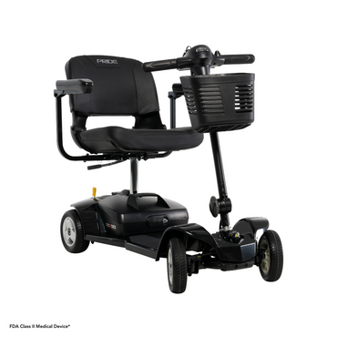 The Pride Mobility Go Go® Ultra X 4-Wheel Scooter features a sleek black design with a cushioned seat, armrests, and handlebar. It includes a front basket for convenience. As an economy-class scooter, it offers reliability and comfort with enhanced maneuverability due to its 4-wheel structure.