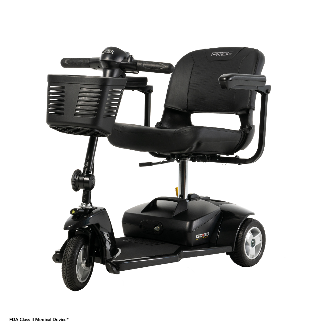 The Pride Mobility Go Go® Ultra X 3-Wheel Scooter is a budget-friendly, portable model with three wheels, a cushioned seat, armrests, and a front basket. It offers sturdy handlebars with intuitive controls for smooth maneuverability.