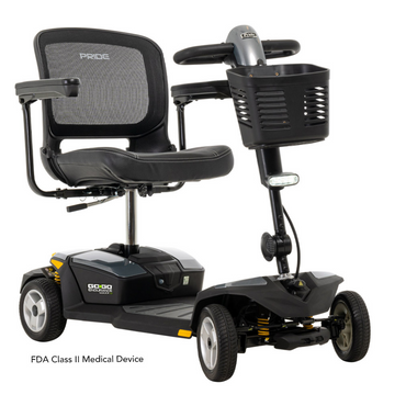 Discover ultimate comfort with the Pride Mobility Go Go® Endurance Li 4-Wheel Scooter. This FDA Class II medical device includes Comfort-Trac Suspension, a padded seat, armrests, control handlebars, and a front basket for added convenience.