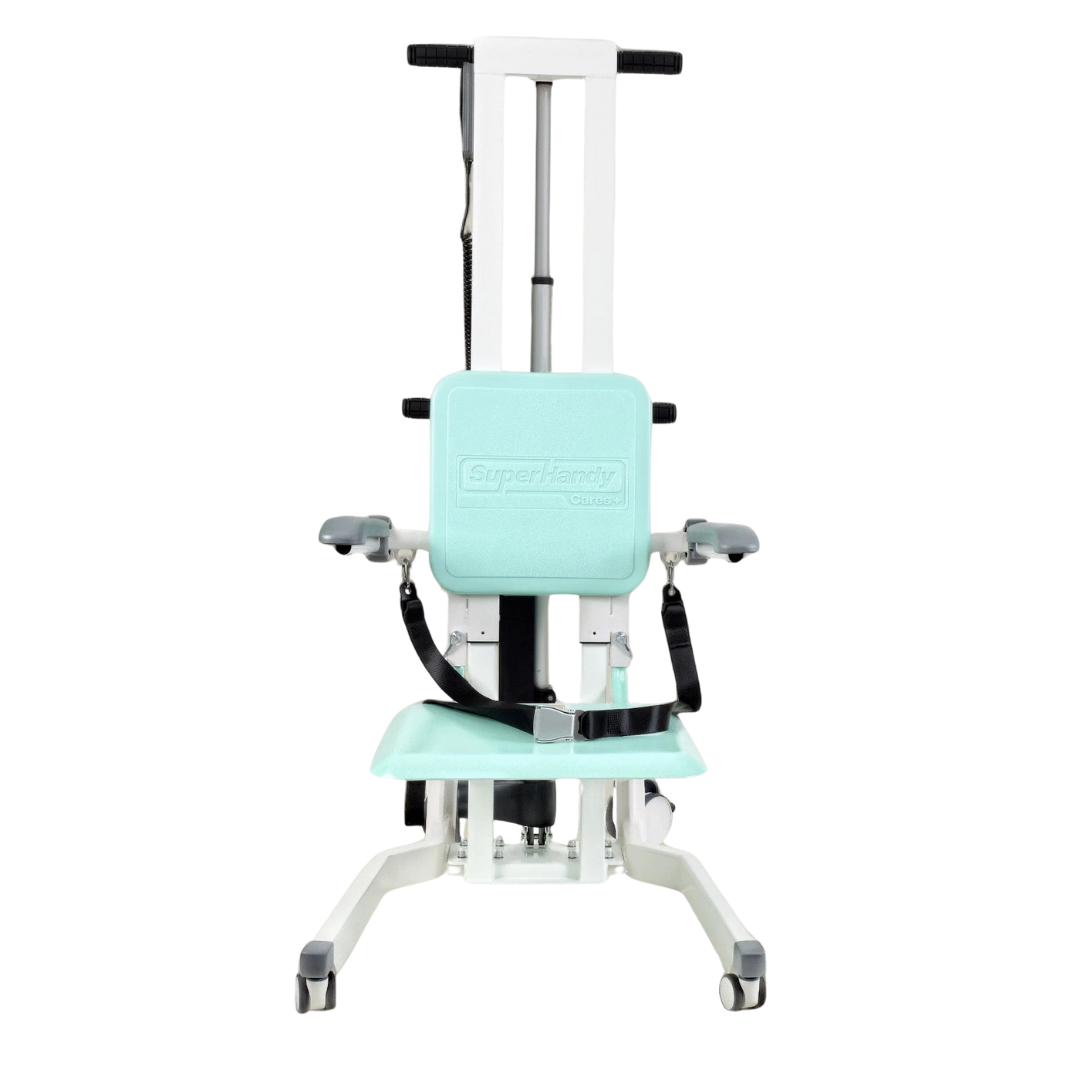 The SuperHandy GoRise TX Portable Patient Transfer Lift, suitable for holding up to 500 pounds, serves as an essential mobility device with a turquoise seat, backrest, armrests, and secure straps. It has a sturdy white frame and black wheels and handles for easy stair climbing transfers.