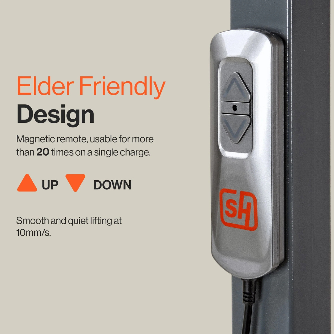 Close-up of the SuperHandy GoRise TX Portable Patient Transfer Lifts remote control, showcasing a silver finish with black Up and Down buttons. Featuring an elder-friendly design with magnetic functionality, it operates 20 times per charge and supports up to 500 lbs.