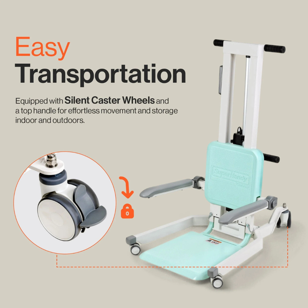 The SuperHandy GoRise TX Portable Patient Transfer Lift features a padded seat and armrests on a turquoise base. It boasts silent caster wheels and a top handle for easy movement, ensuring effortless transportation. Text reads: Easy Transportation, highlighting its advanced mobility features.