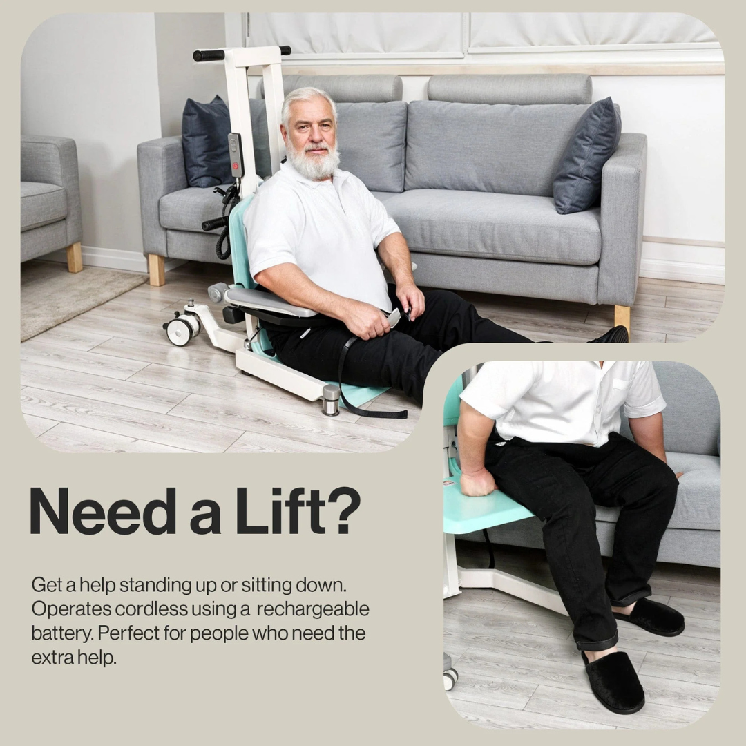 An elderly man with a beard sits on a SuperHandy GoRise TX Portable Patient Transfer Lift in a living room. He wears a white shirt and black pants, next to a gray couch. Text: Need help standing or sitting? Try this innovative device with cordless, rechargeable battery.