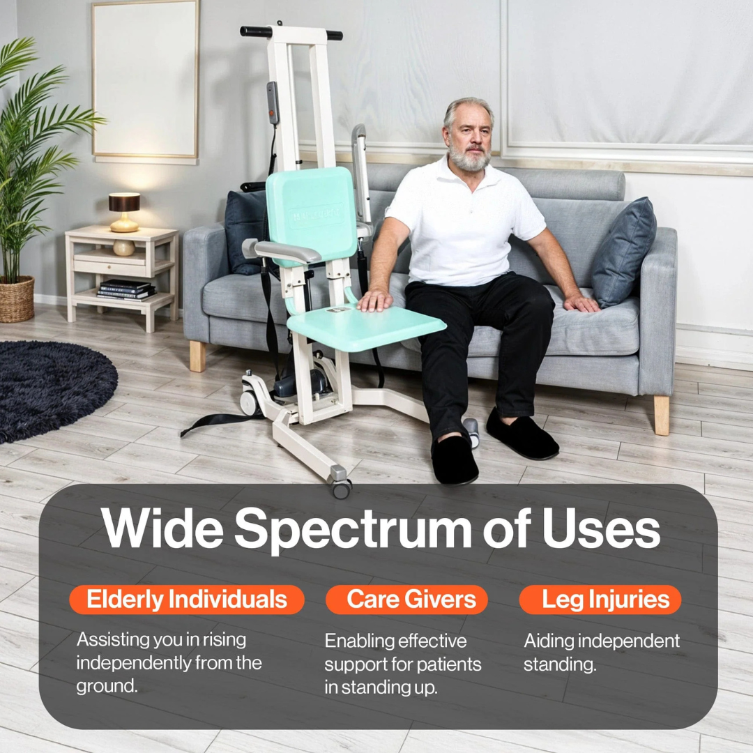An older man uses the SuperHandy GoRise TX Portable Patient Transfer Lift to stand in a cozy living room. This 500 lb capacity device aids the elderly, caregivers, and those with leg injuries. The space features a sofa, rug, and lush plants.