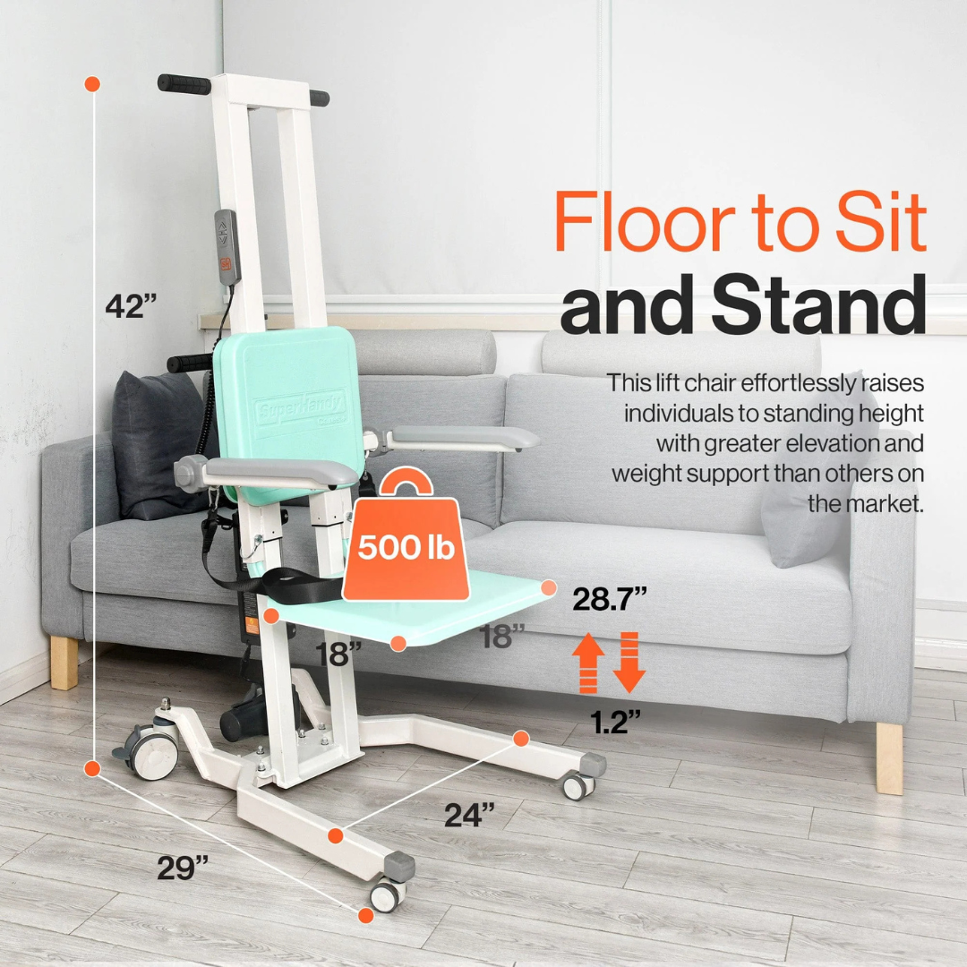 Introducing the SuperHandy GoRise TX Portable Patient Transfer Lift, a 500 lb capacity device designed for effortless sit-to-stand transitions with dimensions: height 42, width 29, and depth 24. The seat elevates from 18 to 28.7, offering unparalleled support positioned in front of a couch.