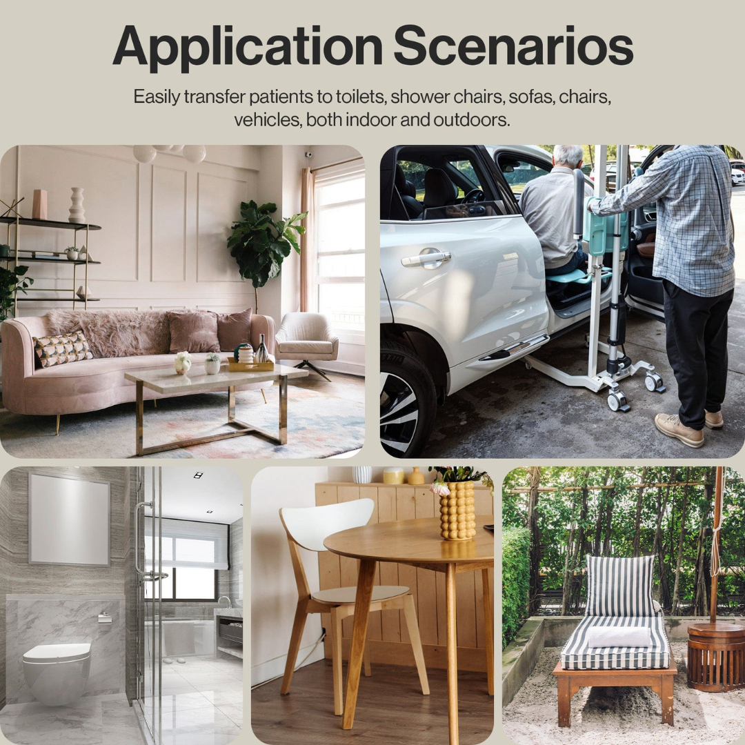 Collage showcasing varied spaces: a living room with a sofa, a bathroom with a toilet, and two people using the SuperHandy GoRise TX Portable Patient Transfer Lift near a car, demonstrating its versatile mobility applications.