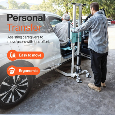 A caregiver uses the SuperHandy GoRise TX Portable Patient Transfer Lift next to a car, highlighting its Personal Transfer ability. With Easy to Move and Ergonomic icons, it demonstrates how this 500 lb capacity lift assists caregivers in moving users effortlessly.