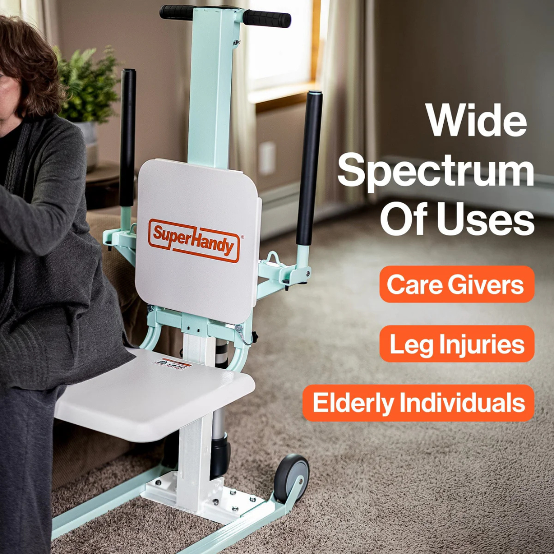 A woman uses the SuperHandy GoRise FC Bariatric Electric Floor to Chair Lift in a living room, showcasing its versatility for caregivers, those with leg injuries, or as a senior lift for elderly mobility support.