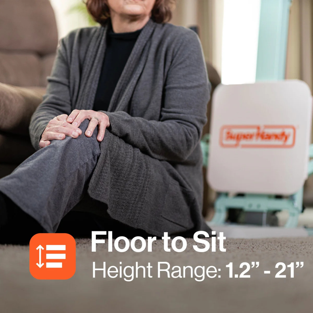 A woman in gray sits beside a SuperHandy GoRise FC - Bariatric Electric Floor to Chair Lift. Text: Floor to Sit, Height Range: 1.2”–21”, with orange up-down arrows—ideal for mobility assistance and senior lift needs.