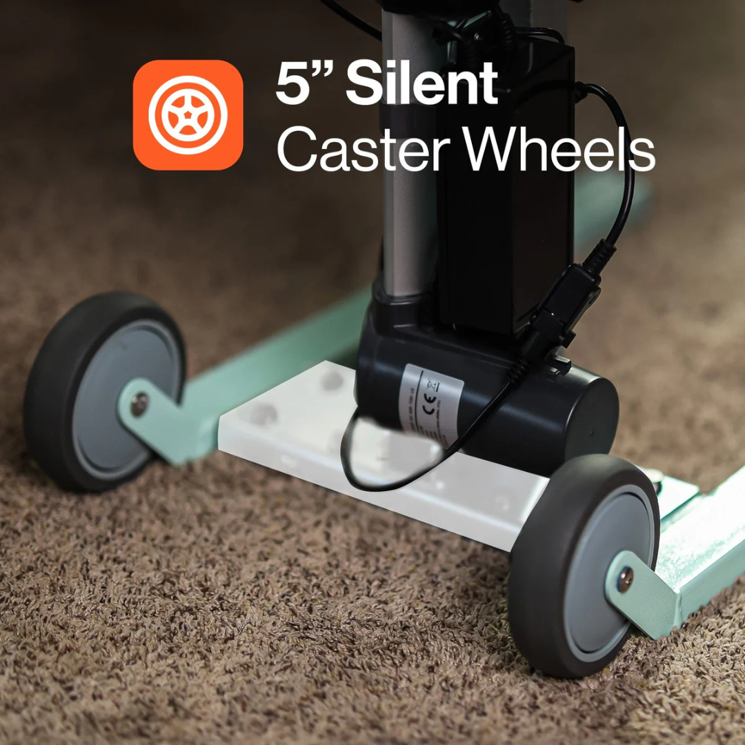 Close-up of gray caster wheels on the SuperHandy GoRise FC Bariatric Electric Floor to Chair Lift, attached to a metal frame on brown carpet. Text overlay: 5 Silent Caster Wheels—ideal for smooth, quiet mobility assistance.