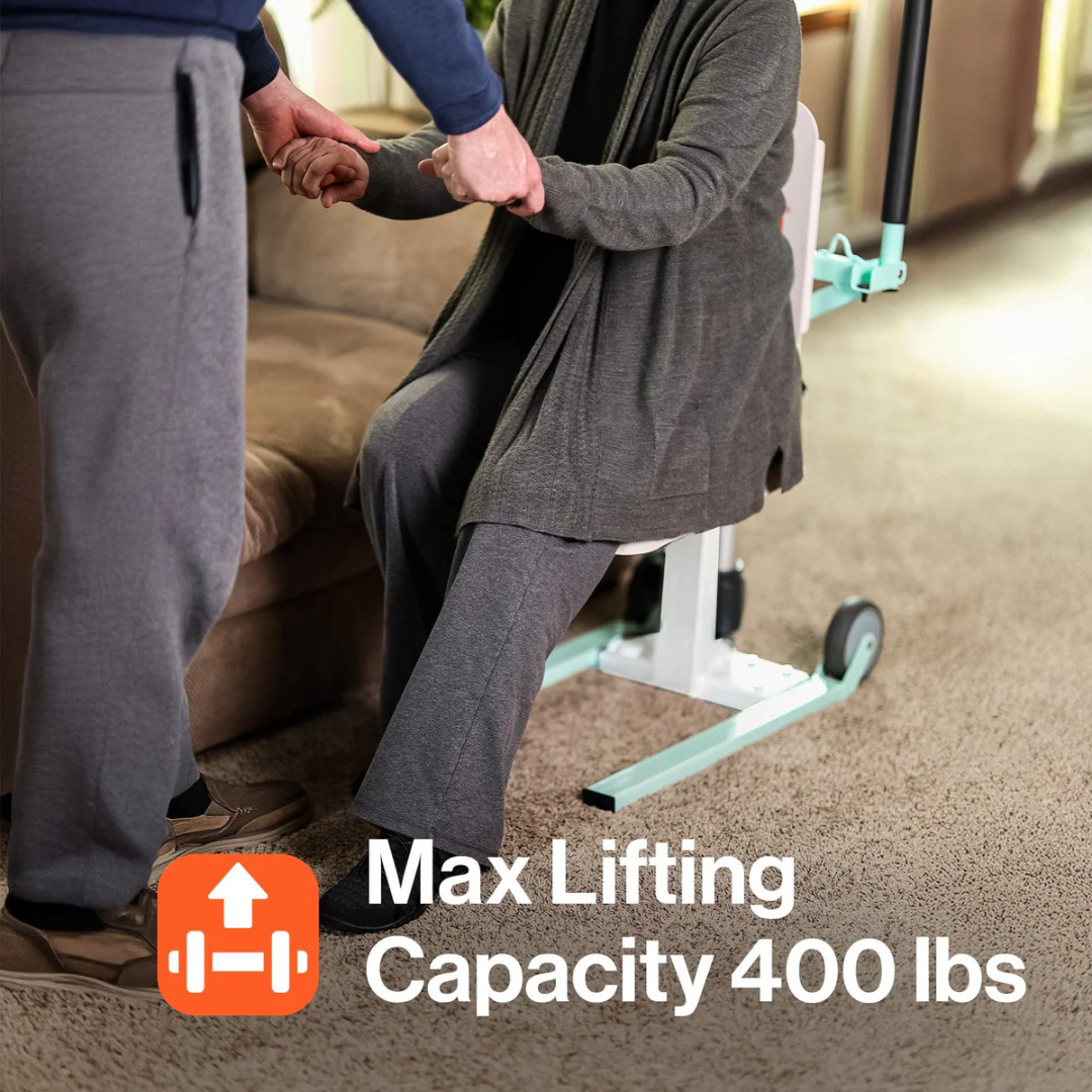 A caregiver helps someone use the SuperHandy GoRise FC - Bariatric Electric Floor to Chair Lift. Text reads: Max Lifting Capacity 400 lbs, with an icon of a weightlifting symbol and an upward arrow.