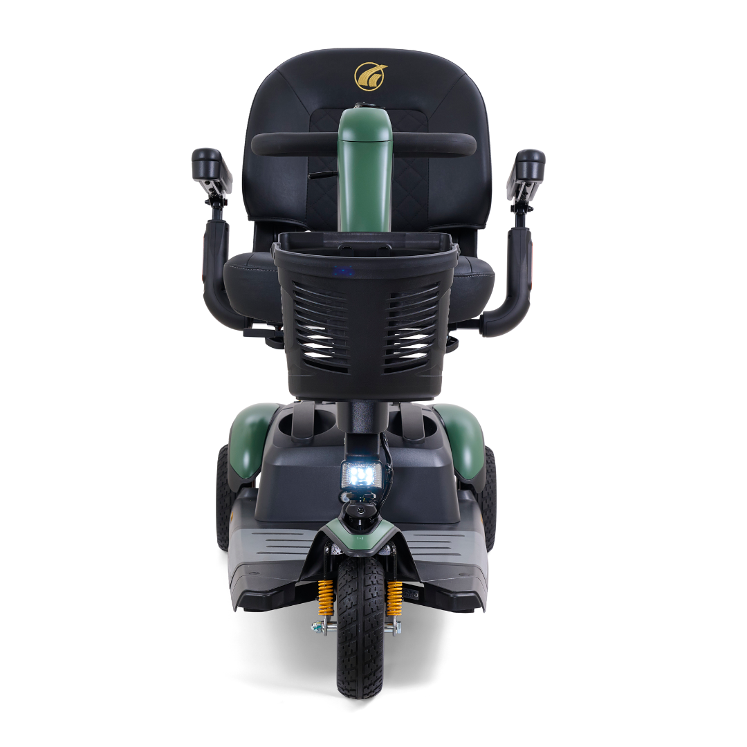 Front view of the Golden Buzzaround LX GB119, a luxurious green and black portable mobility scooter featuring two armrests, a steering handle, and three wheels. The seat displays a logo on the back, and its robust base includes suspension springs for added support.