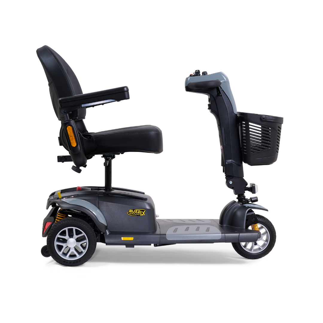 The Golden Buzzaround LX GB119 is a high-end three-wheel portable mobility scooter that boasts a sleek black seat with armrests, an intuitive control panel, and a front basket for convenience. Designed for stability and easy maneuverability, this luxurious scooter offers a compact build perfect for on-the-go use.