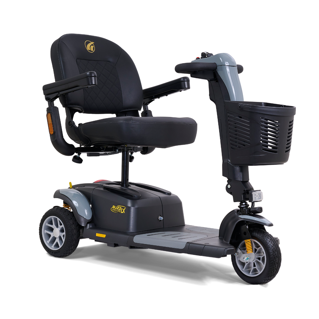 The Golden Buzzaround LX GB119 is a luxurious 3-wheel portable mobility scooter with a black seat, armrests, front basket, solid tires, handlebar control panel, and durable frame for an exceptional travel experience.