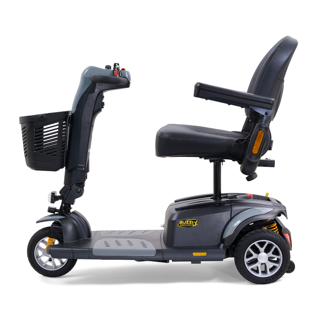 A side view of the Golden Buzzaround LX GB119, a black luxury heavy-duty 3-wheel portable mobility scooter featuring a cushioned seat, armrests, and a front basket, ideal for easy urban transport.