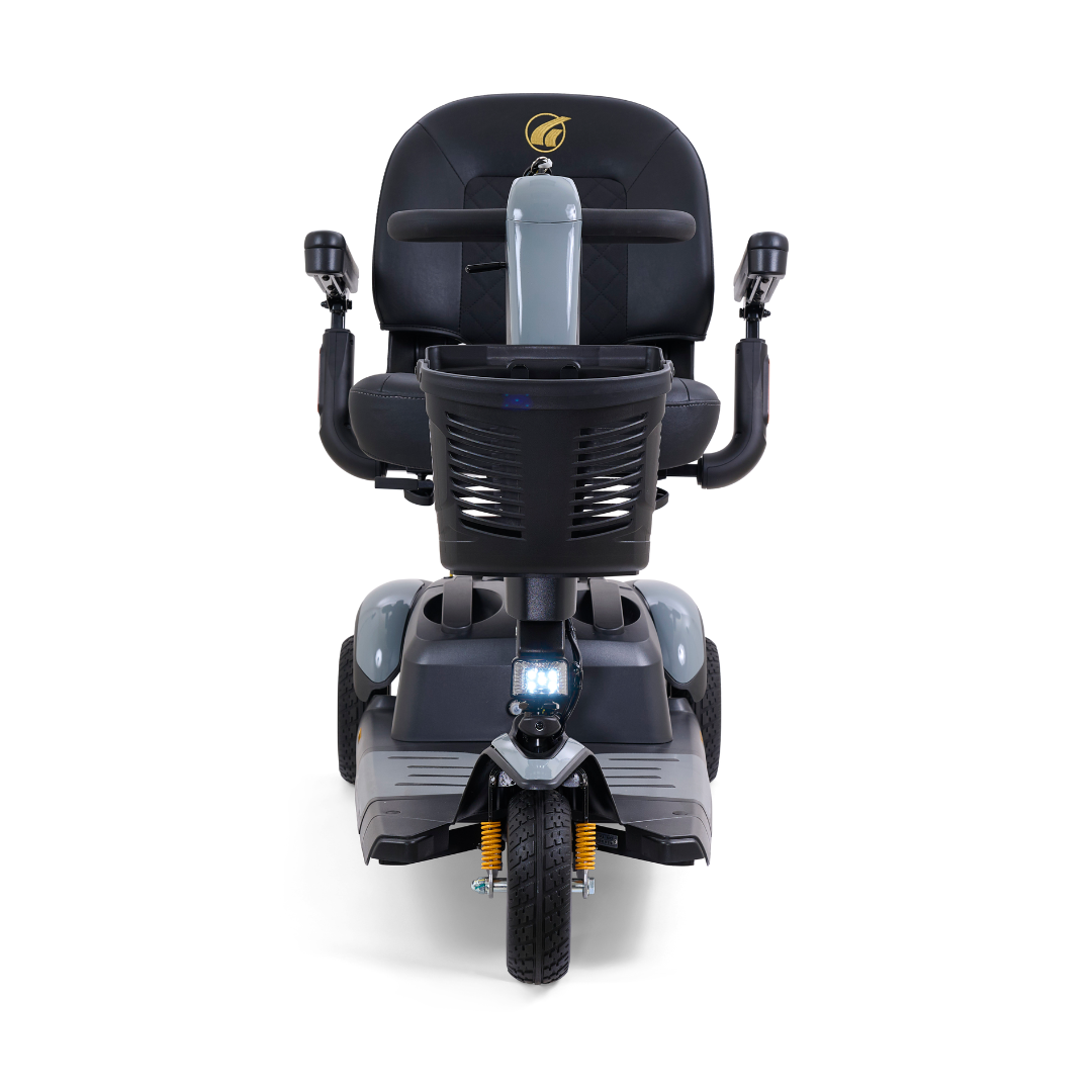 Front view of the luxurious Golden Buzzaround LX GB119 heavy-duty 3-wheel portable mobility scooter, showcasing a black seat with armrests. It features a headlight, the company's logo on the backrest, and offers a sturdy design for accessibility and ease of movement.