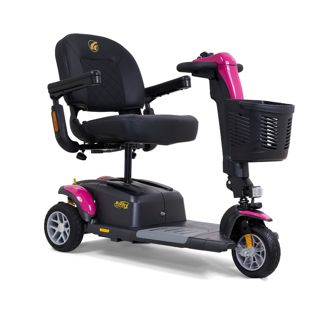 The Golden Buzzaround LX GB119 - Heavy Duty 3 Wheel Portable Mobility Scooter combines style with functionality. This luxurious and portable scooter features three wheels, a cushioned seat, armrests, and a front basket. Engineered with a sturdy platform and ergonomic handlebars, it provides both comfort and convenience.
