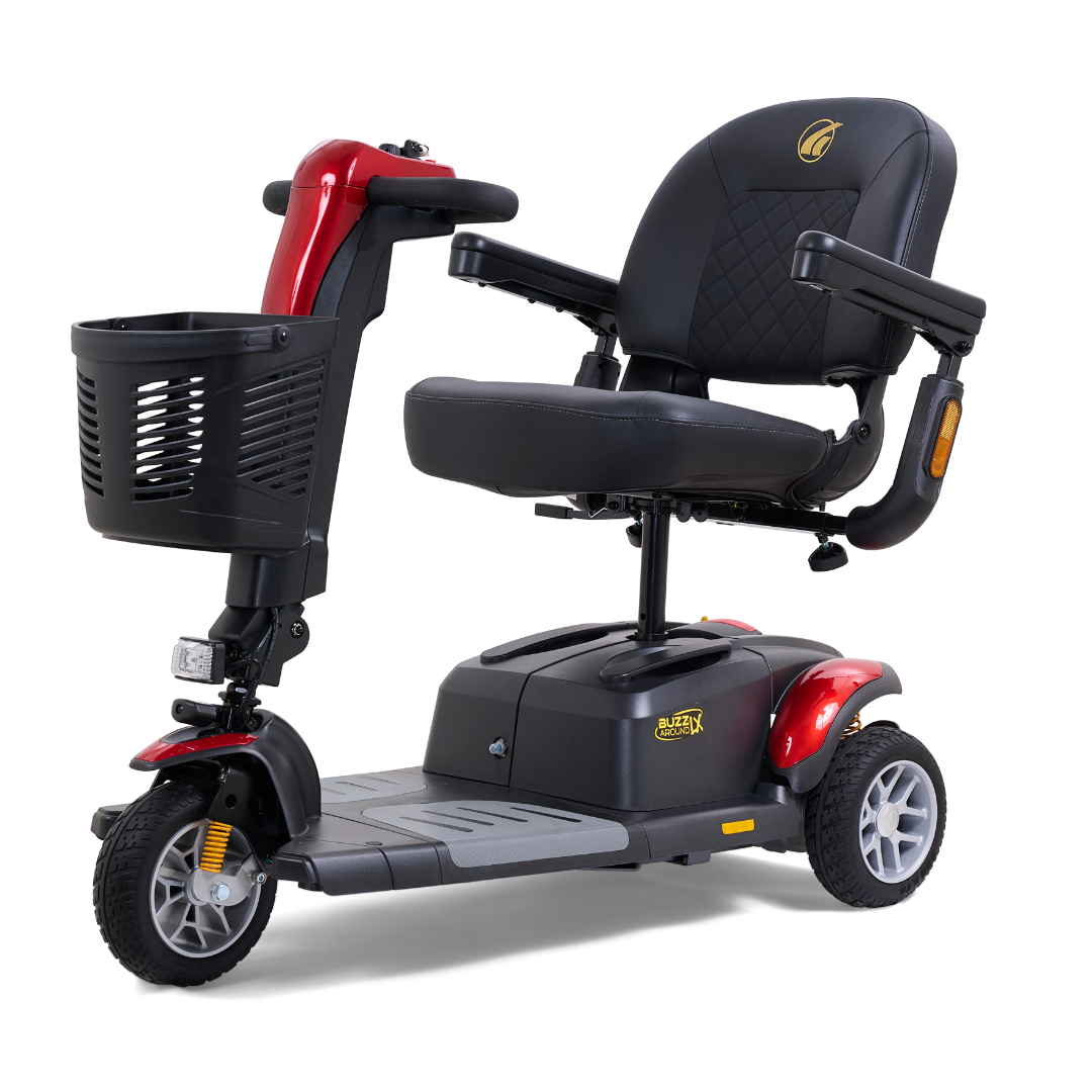 The Golden Buzzaround LX GB119 is a heavy-duty 3-wheel portable mobility scooter in red and black, featuring a front basket, armrests, and a comfortable seat. Its user-friendly handlebar design ensures both style and ease of use.